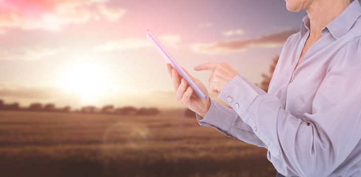 Businesswoman using her tablet against panoramic view of golden fields