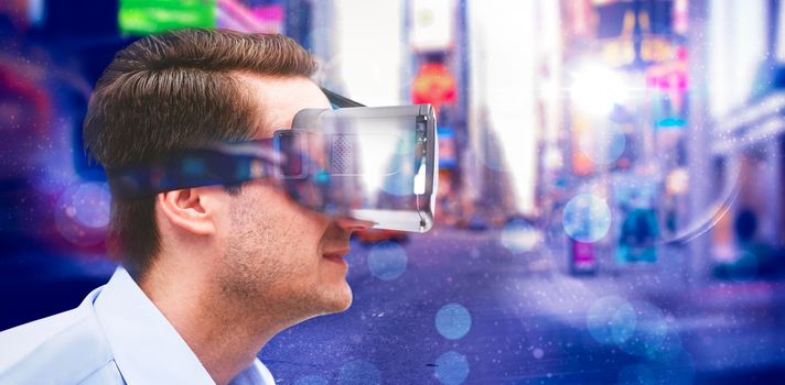 Profile view of businessman holding virtual glasses against blurry new york street