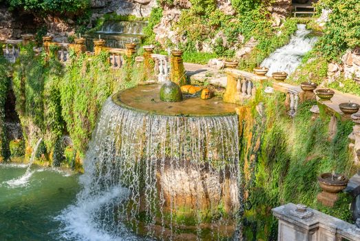 Villa D Este gardens in Tivoli - Oval Fountain or Fontana del Ovato local landmark of Tivoli near Rome - Lazio region - Italy .