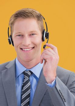 Digital composite of Travel agent using headset and smiling against a yellow background