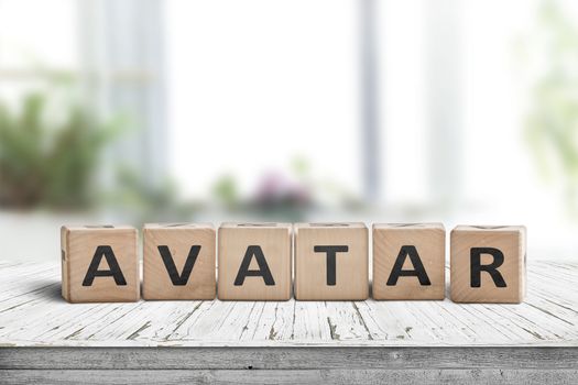 Avatar word on a wooden sign made of blocks in a bright living room with green plants