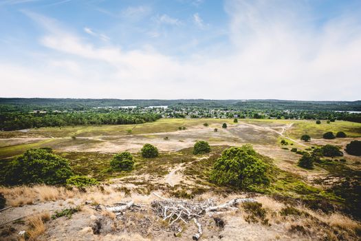 View from a hill in the summer with dry plains under a blue sky