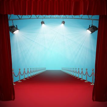 3d Curtains of red color  against image of spotlight