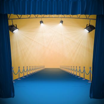 3d Curtains of blue color against image of spotlight