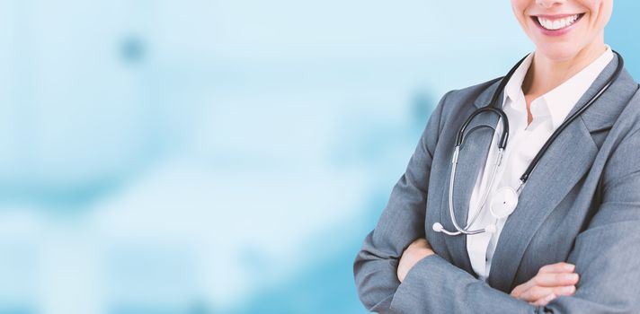 Smiling doctor woman against dental equipment