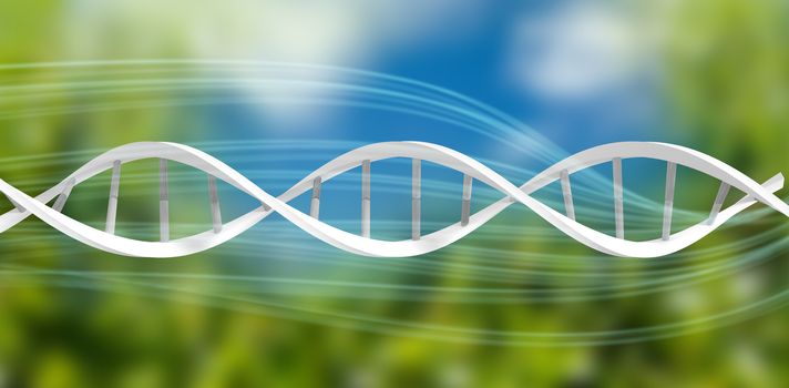 3d Image of dna helix against blue an green background with shiny lines
