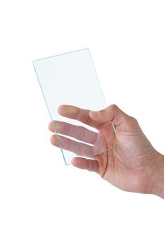 Hand holding futuristic mobile phone against white background