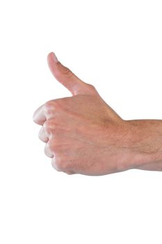 Close up of hand showing thumbs up against white background