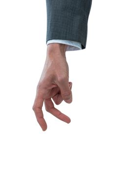 Hand of businessman gesturing against white background