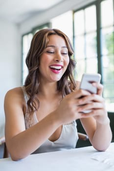 Beautiful woman smiling while using her mobile phone in the restaurant