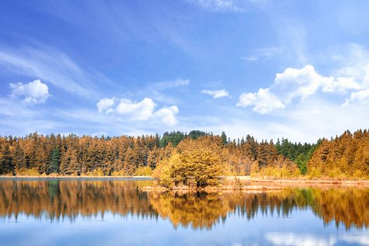 Autumn lake scenery with colorful trees under a blue sky in the summer