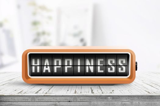 Happiness message on a retro alarm clock in a bright room with flowers