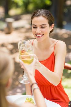 Happy friends toasting glasses of wine in a restaurant