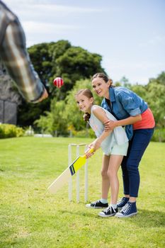 Family playing cricket in park on a sunny day