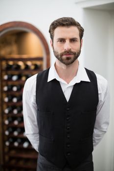 Portrait of male waiter standing in the restaurant