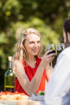 Couple toasting wine glasses while sitting in the restaurant