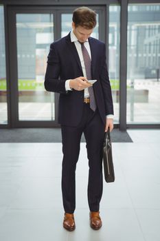 Businessman with briefcase using mobile phone at office