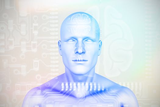 Digital image of human figure  against human brain in circuit board 3D