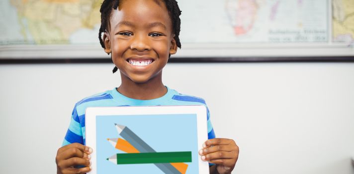 Print against boy holding digital tablet at classroom