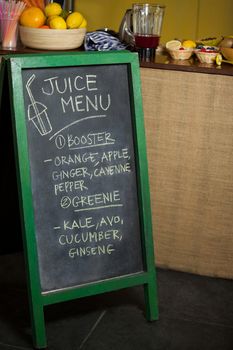 Menu board at health grocery shop in supermarket