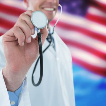 Doctor examining with stethoscope against composite image of close-up of american flag