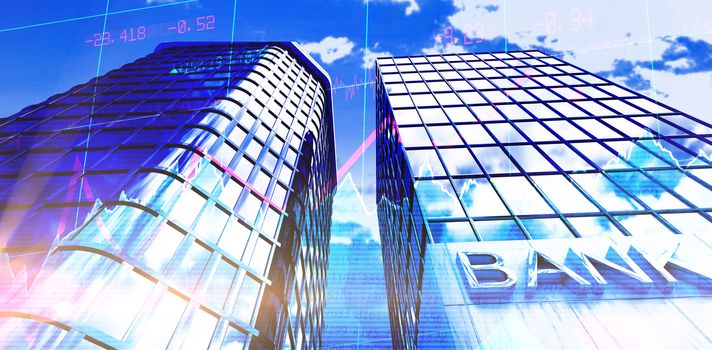 Low angle view of bank building against view of blue sky and cloud