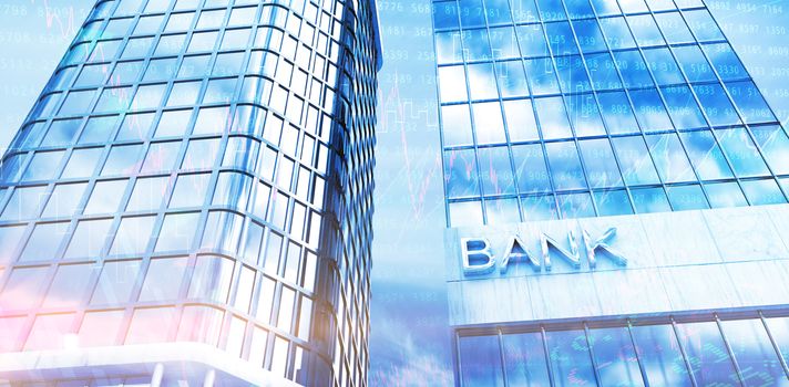 Low angle view of bank building against view of blue sky and cloud