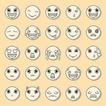 Vector icon set of emoticons against yellow background