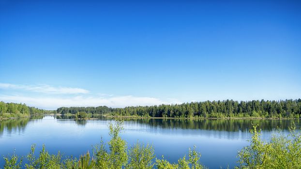 Lake scene with vibrant colors in green and blue in the summertime