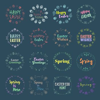 Vector icon set of easter and spring message against blue background