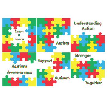 Vector icon set for jigsaw puzzle and autism awareness messages against white background