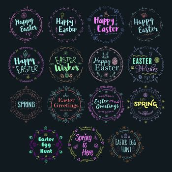 Vector icon set of easter and spring message against blue background