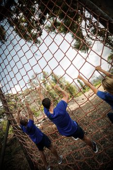 People climbing a net during obstacle course in boot camp