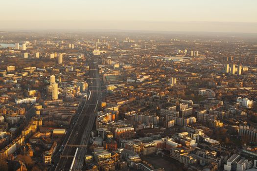 Elevated view of a London at sunset
London.
England.