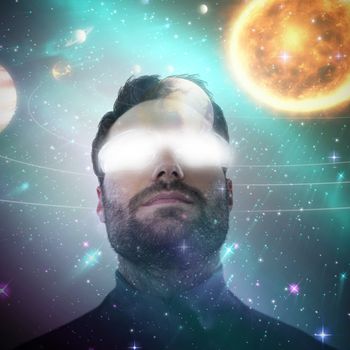 Low angle view of man wearing protective eyewear against composite image of solar system against white background 3d