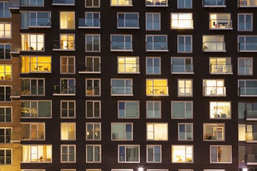 Modern apartment block at dusk