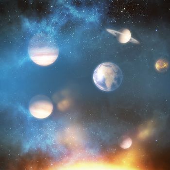 Digital composite image of planets over sun against white background 3d