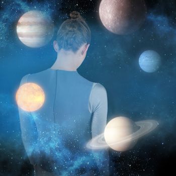 Woman with hairstyle standing against white background against graphic image of various planets 3d