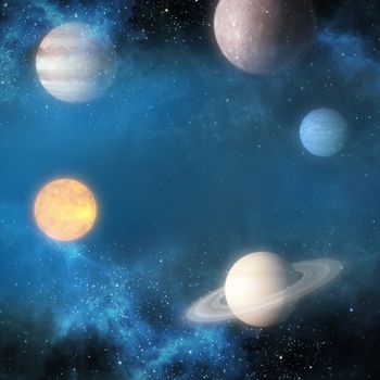 Graphic image of various planets against white background 3d