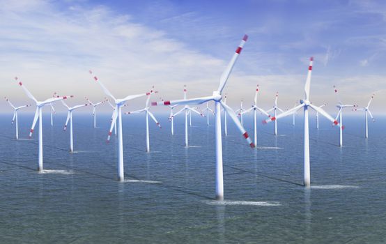 Elevated view of a Wind farm at sea