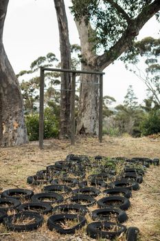 Tires placed in a row on ground for obstacle training course at boot camp