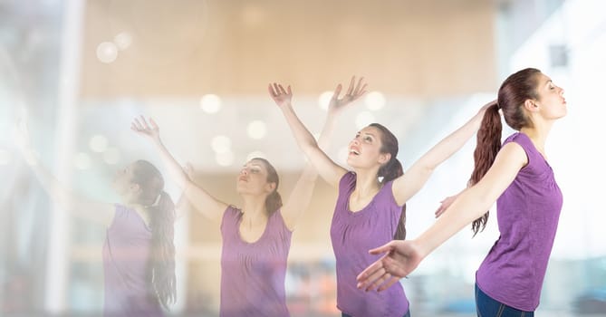 Digital composite of Woman exercising stretching yoga in gym