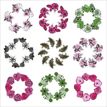 Vector set of flowers in circular shape against white background