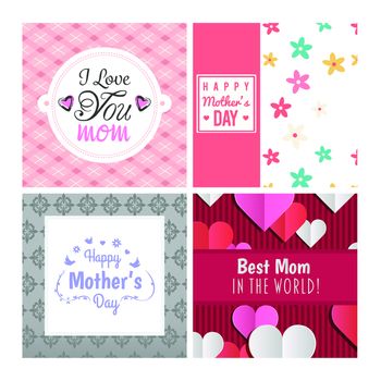 Vector set of greeting cards with mothers day message against white background