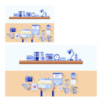 Vector of office supplies on office desk and shelf against white background