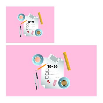 Vector of stationery with mobile phone and coffee cup against pink background