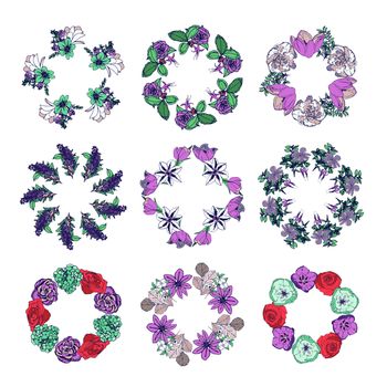 Vector set of flowers in circular shape against white background
