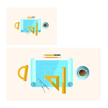 Vector of stationery with coffee cup against white background