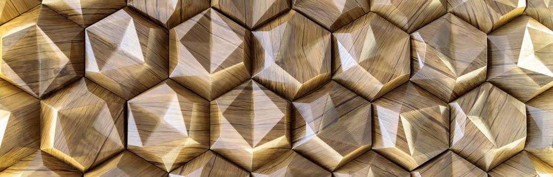 3D decorative wall with imitation wood texture for the interior of an unusual hexagonal geometric shape similar to honeycombs. Brown light background with a pattern imitating a tree. Abstract texture