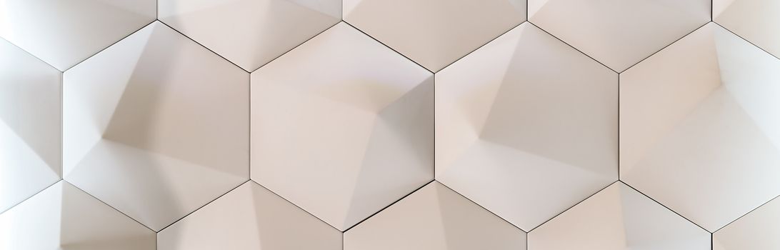 3D decorative wall for the interior of an unusual hexagonal geometric shape similar to honeycombs. White light background with a pattern imitating a tree. Abstract texture